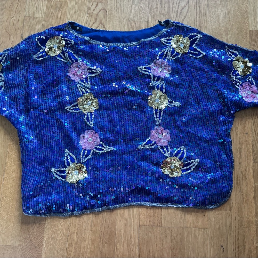 Blue Sequin Floral Top